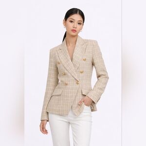 Gold-Button Beige Plaid Double-Breasted Blazer